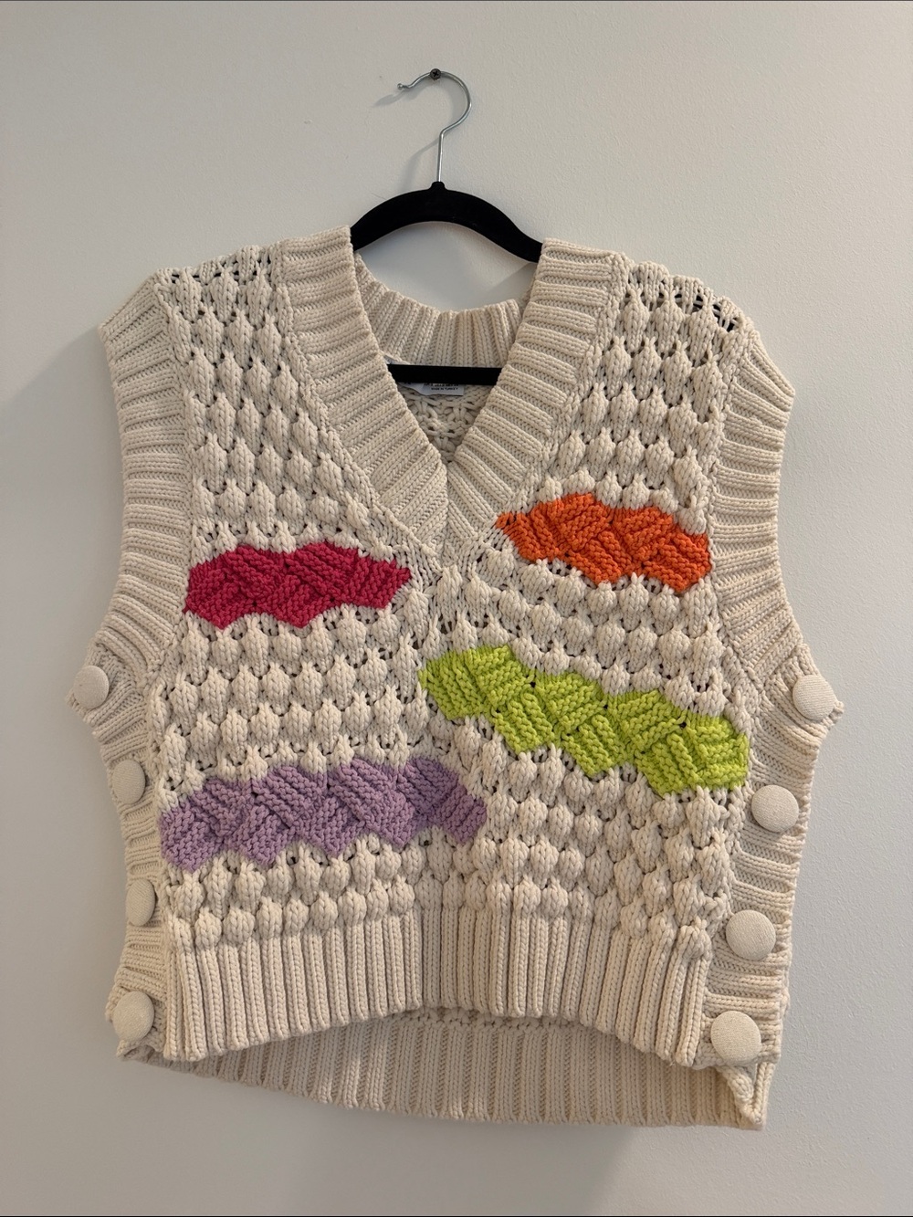 Zara Cream V-Neck Sweater Vest with Pink, Orange, Lime, and Lavender Accents - Picture 1 of 6